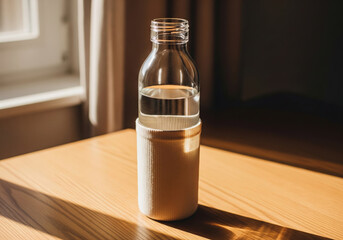Reusable glass water bottle on desk