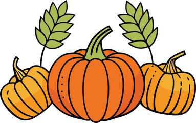 Watercolor Pumpkins Autumn Harvest Illustration with Dried Leaves and Wheat