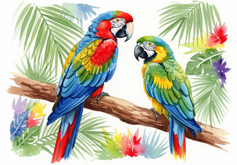 Obraz premium Two colorful macaws perched on a branch with tropical leaves and flowers, watercolor painting