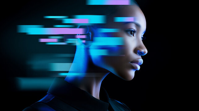 Woman in striped shirt with glitch effect, digital distortion, futuristic art style. 