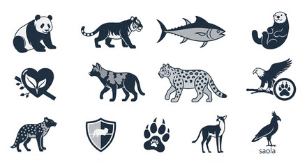 Collection of wild animal silhouette icons including panda, tiger, wolf, and bear, isolated transparent background.