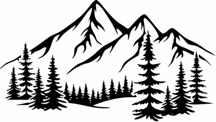 Majestic mountain peaks rise above a dense forest of evergreen trees creating a serene natural landscape