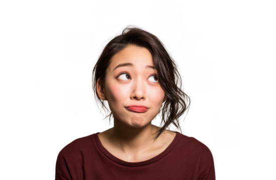 Young asian woman with a confused expression, isolated on transparent background