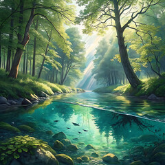 Peaceful forest water stream illuminated by sunlight with crystal-clear reflections, Ai Generated
