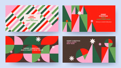Merry Christmas and Happy New Year Set of backgrounds, greeting cards, posters, holiday covers. Xmas templates with typography and season wishes in modern geometric style for web, social media, print.