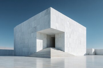 Minimalist Concrete Cube Architecture with Blue Sky Backdrop.