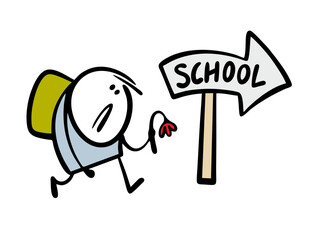Very sad boy goes to school. Vector illustration of a child carrying a flower and a backpack. Negative attitude towards studies and education.