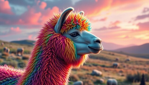 Rainbow-hued alpaca in fantastical, surreal landscape, psychedelic alpaca, animal