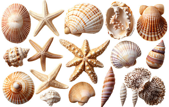 seashells and starfish isolated on a transparent background.