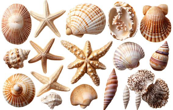 seashells and starfish isolated on a transparent background.