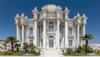 Obraz premium A grand, ornate, white mansion stands majestic against a clear blue sky, showcasing elaborate architectural details and lush landscaping.