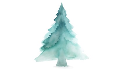 Watercolor painting of a pine tree isolated on white background in shades of teal