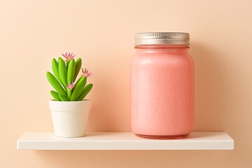 Pink smoothie jar with plant on white shelf interior