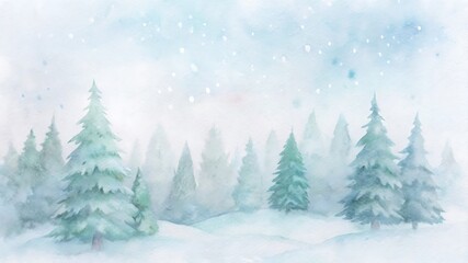 Fototapeta premium Watercolor painting of a winter forest landscape with snow covered trees