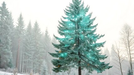 Fototapeta premium Snowy forest with a christmas tree covered in snow and blue lights