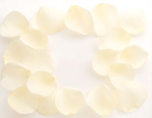 Delicate, pale petals of a blossom form a square frame against a white backdrop.