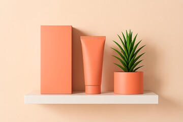 Peach cosmetic tube with box and plant on white shelf