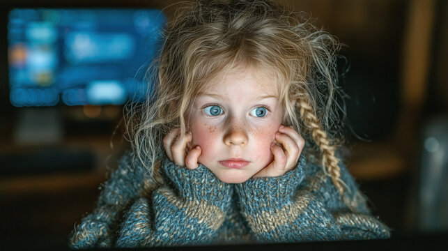 Thoughtful Child Sitting in Front of Computer Screen at Home