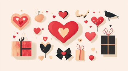 Lovely Valentine's Day Illustration with Hearts, Gifts, and Birds