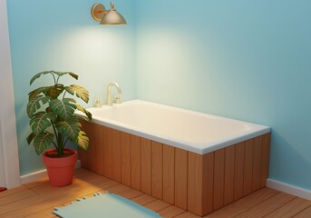 Modern Bathroom Interior with Bathtub Plant and Warm Lighting Design for Relaxation and Home Decor Inspiration in Aquamarine and Natural Wood Tones