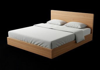 Modern Minimalist Bed with Light Wood Frame and White Linens on Black Background for Interior Design and Product Showcase