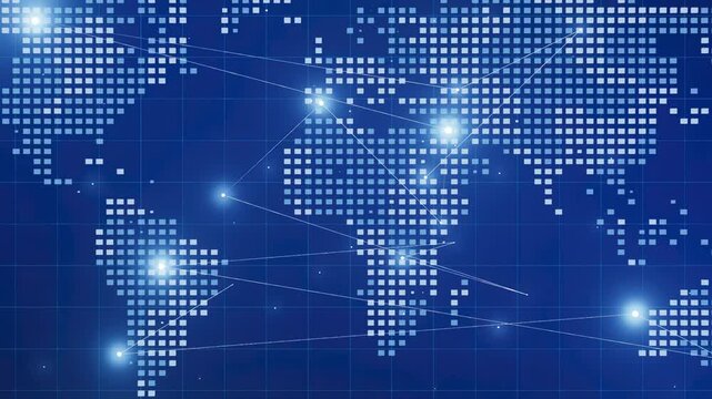 A blue background with a grid of squares and lines. The squares are arranged in a way that resembles a map of the world