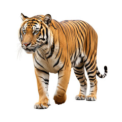 Obraz premium A powerful Indochinese tiger, with a striking orange coat and distinct black stripes, stands isolated against a clean white background.