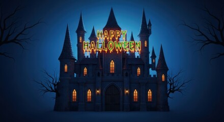A spooky castle illuminated with a happy halloween sign against a dark blue night sky, creating a festive and eerie atmosphere for the halloween season celebration