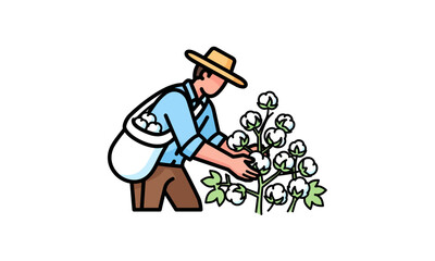 Cartoon Farmer Harvesting Cotton Plants with Straw Hat.