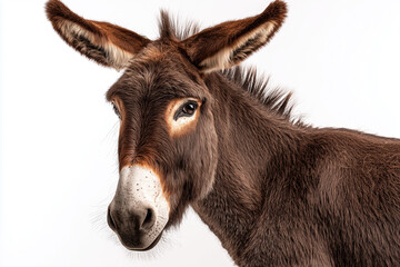 Fototapeta premium Full body of a donkey standing and facing slightly forward with alert ears. A farm animal representation symbolizing rural life, agriculture, and traditional livestock, isolated on white background. 