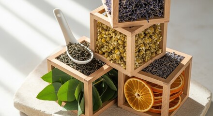 Dried Herbs and Citrus in Wooden Cubes with Green Leaves