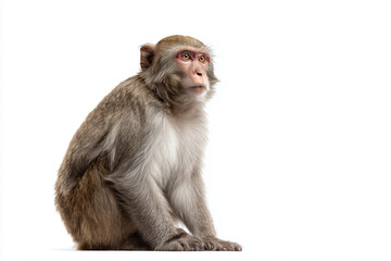 Obraz premium Sitting macaque monkey with reddish face and thick fur looking forward. A wildlife portrait symbolizing primate behavior, nature, and animal expression, isolated on white background. 