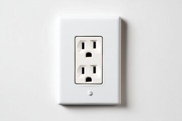 Standard white electrical outlet with dual sockets mounted on a wall. A household power access point symbolizing energy supply, connectivity, and modern infrastructure, isolated on white background.
