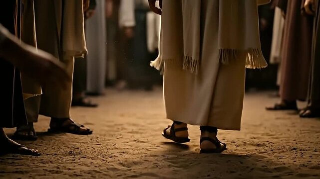 jesus walking- A hand reaches out towards jesus feet in flowing robes biblic scene