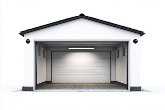 Modern residential garage with open entrance and clean interior. A home property space symbolizing storage, vehicle parking, and household utility, isolated on white background.