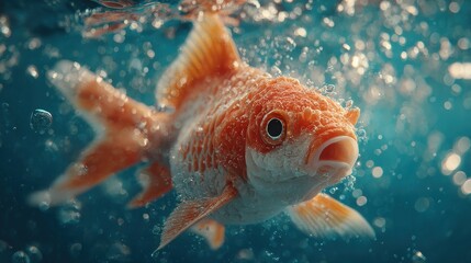 Orange goldfish swims in blue water wearing a tiny blue knitted hat in a playful and humorous under water setting