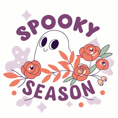Cute Spooky Season greeting with smiling ghost and floral design, perfect for Halloween
