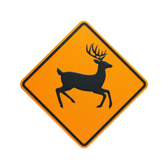pole with a sign A deer crossing sign featuring a leaping deer silhouette, highlighting wildlife awareness. Highlighted on a white background isolated