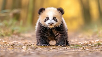 Obraz premium Adorable Baby Panda Cub Walking on a Woodland Path in Autumn