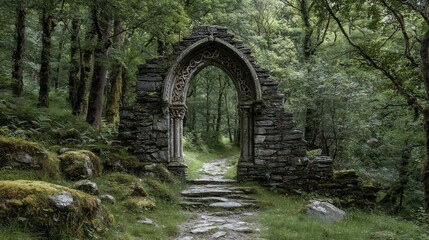Obraz premium Ruined archway in a mossy forest. Lush greenery surrounds a stone archway, leading into a path