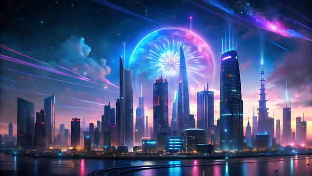 Futuristic city skyline with holographic financial buildings glowing futuristic technology finance vision   - Powered by Adobe