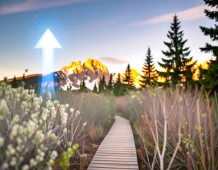 A wooden walkway stretches through a serene mountain landscape, highlighted by a glowing upward arrow, suggesting growth and progress.
