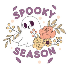 Delightful ghost illustration with floral accents, perfect for spooky season celebration designs and festive promotions