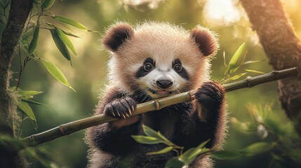 Obraz premium Adorable Baby Panda Holding Bamboo in a Serene Forest Setting