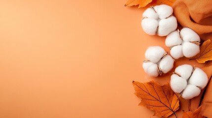 Cotton flowers and autumn leaves on orange background