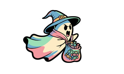 Cartoon Ghost in Witch Hat with Candy Bag, Halloween Illustration.