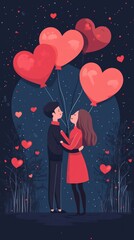 Obraz premium Romantic Couple Embracing Under Heart Balloons