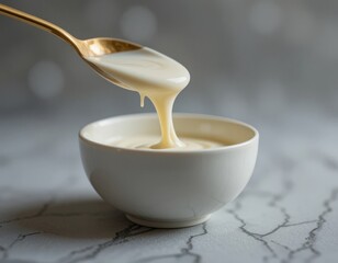 Creamy white sauce being drizzled from a golden spoon into a ceramic bowl, close-up shot