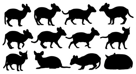Multiple black cat silhouettes in various poses, isolated on a clean transparent background, pets and graphic design element.