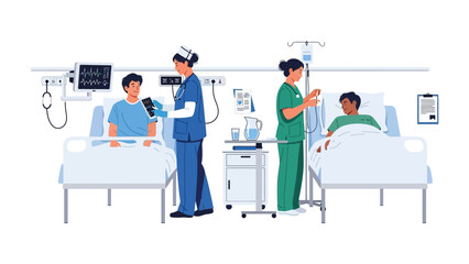 Hospital Ward: A clean, modern hospital ward setting showcasing the dedicated care of medical personnel tending to patients, highlighting the commitment to wellness and recovery.